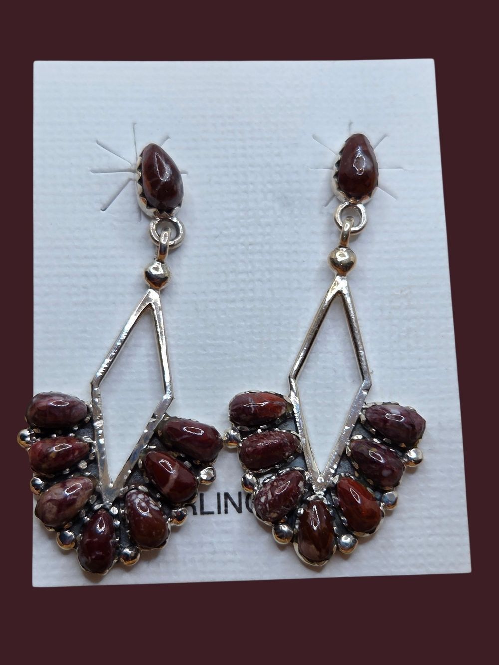 Vintage Sterling Silver Red Jasper Geometric Cluster Drop Earrings
